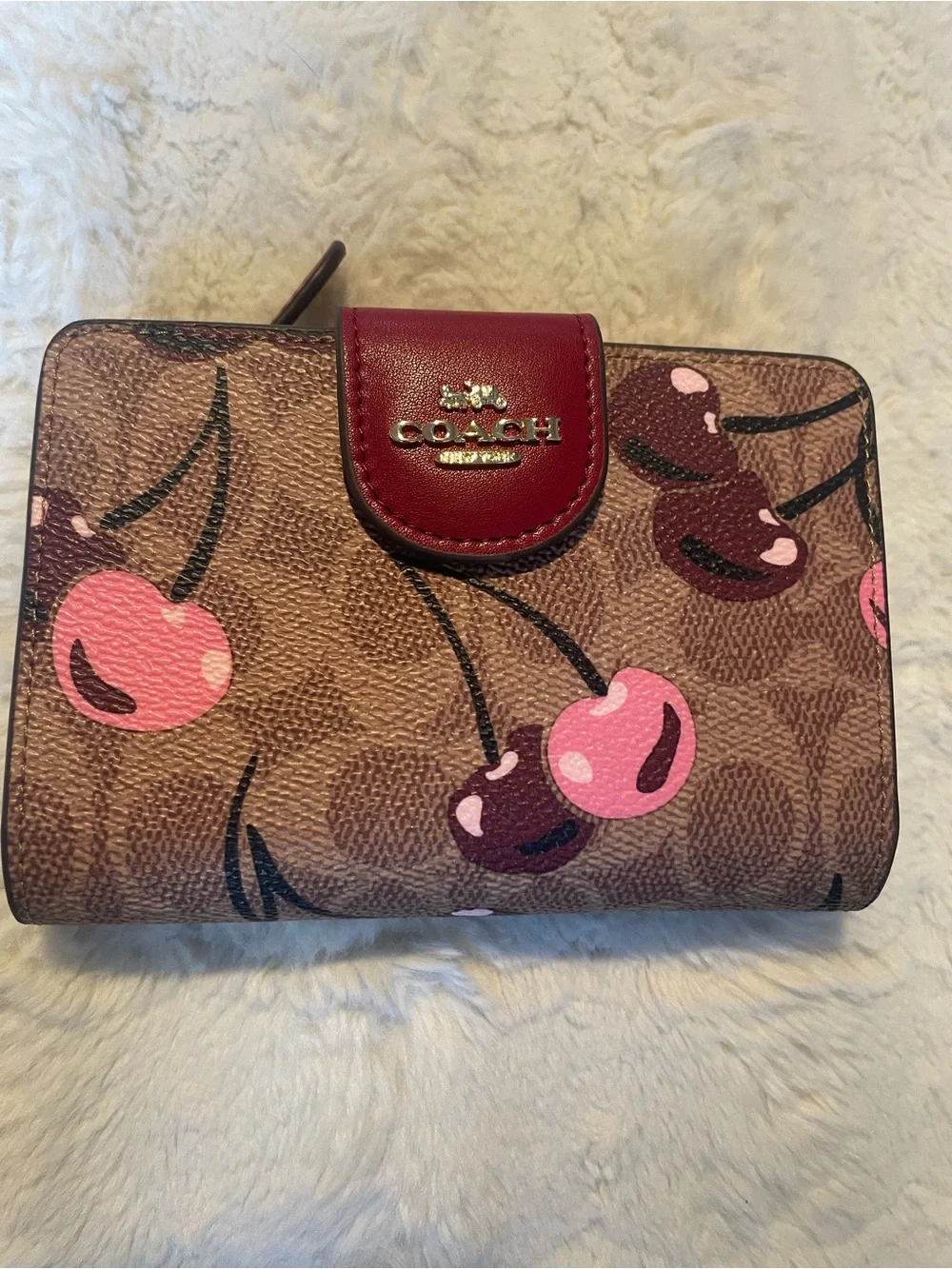 Coach Cherry Print Compact Wallet - Pink/Brown/Maroon
